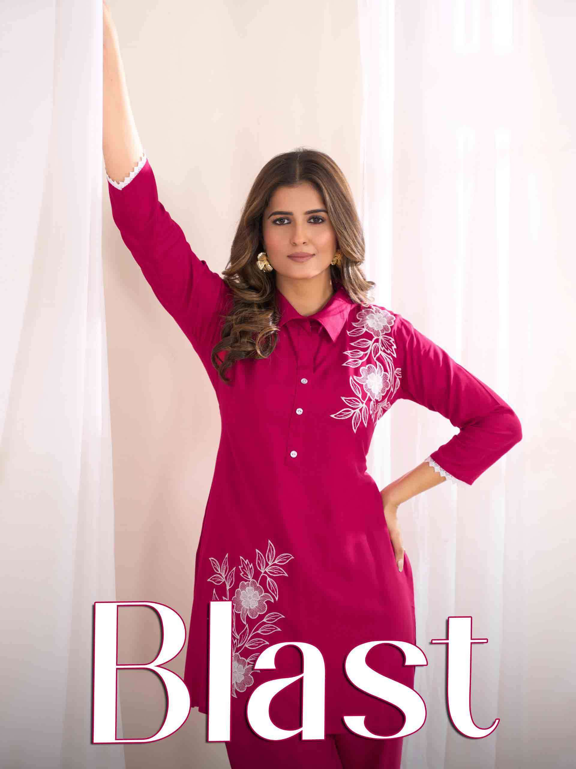 Blast Heavy Rayon Kurti with Plazo Set Blue Hills Wholesale by Krisha Creation Surat