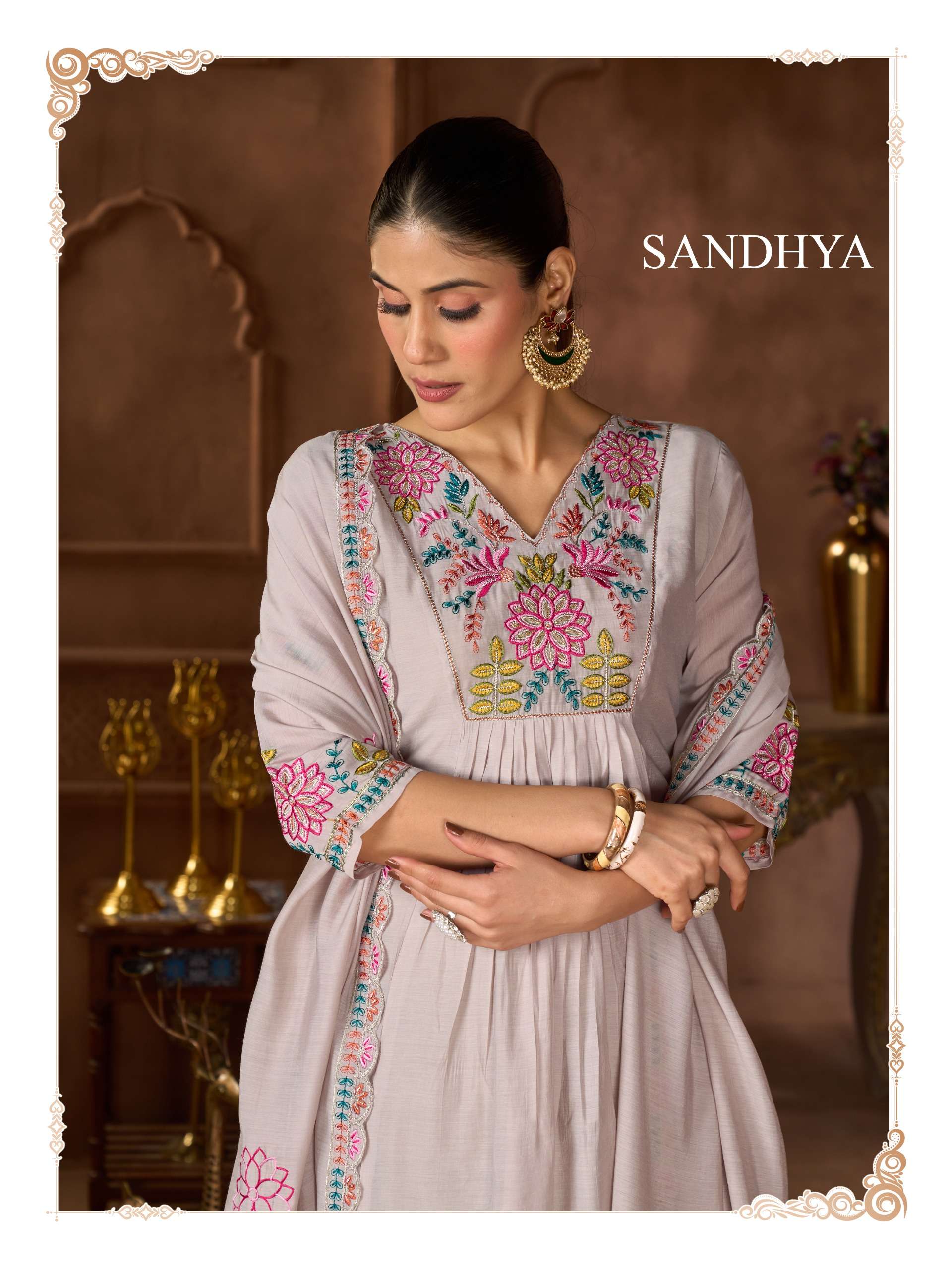 Sandhya by Krisha Creation Soft Mull Chanderi Silk Hand & Embroidery Work Suit Collection