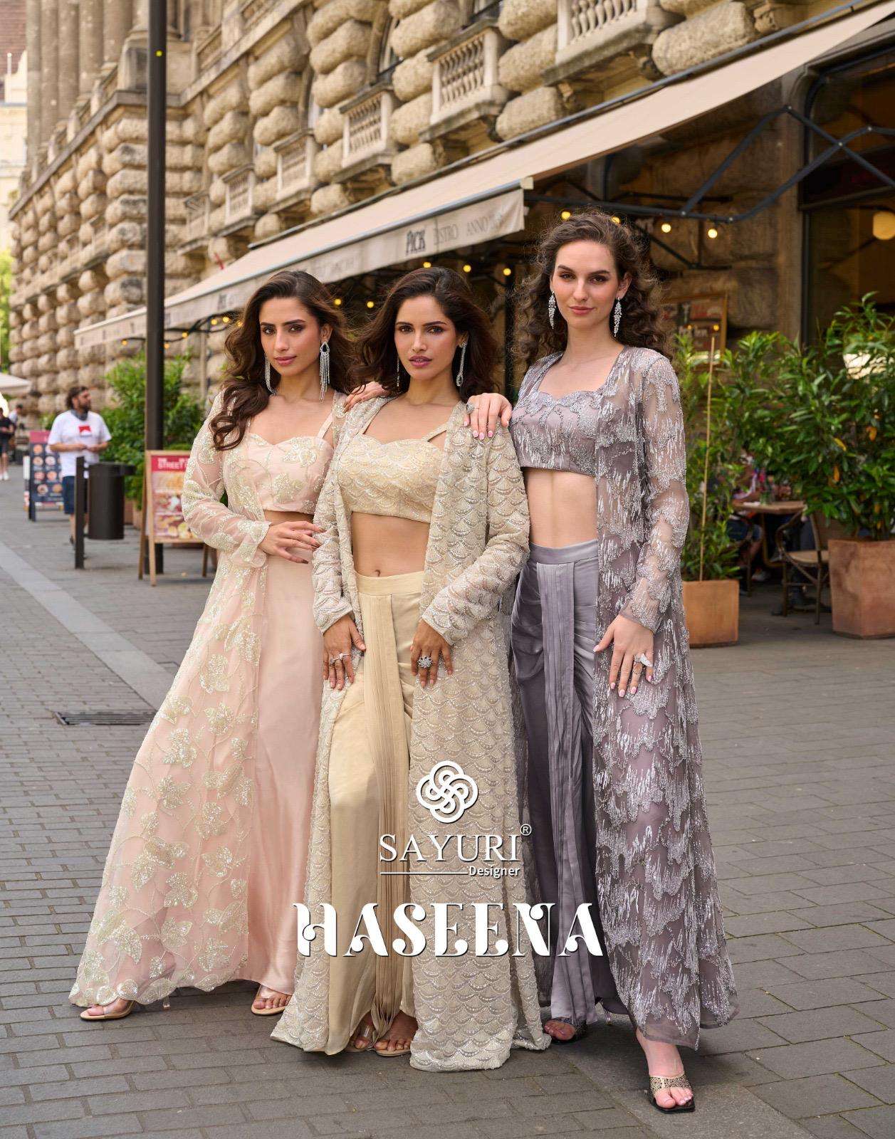 Haseena Sayuri Premium Real French Silk with Beads work Stylish wedding Indowestern Collection