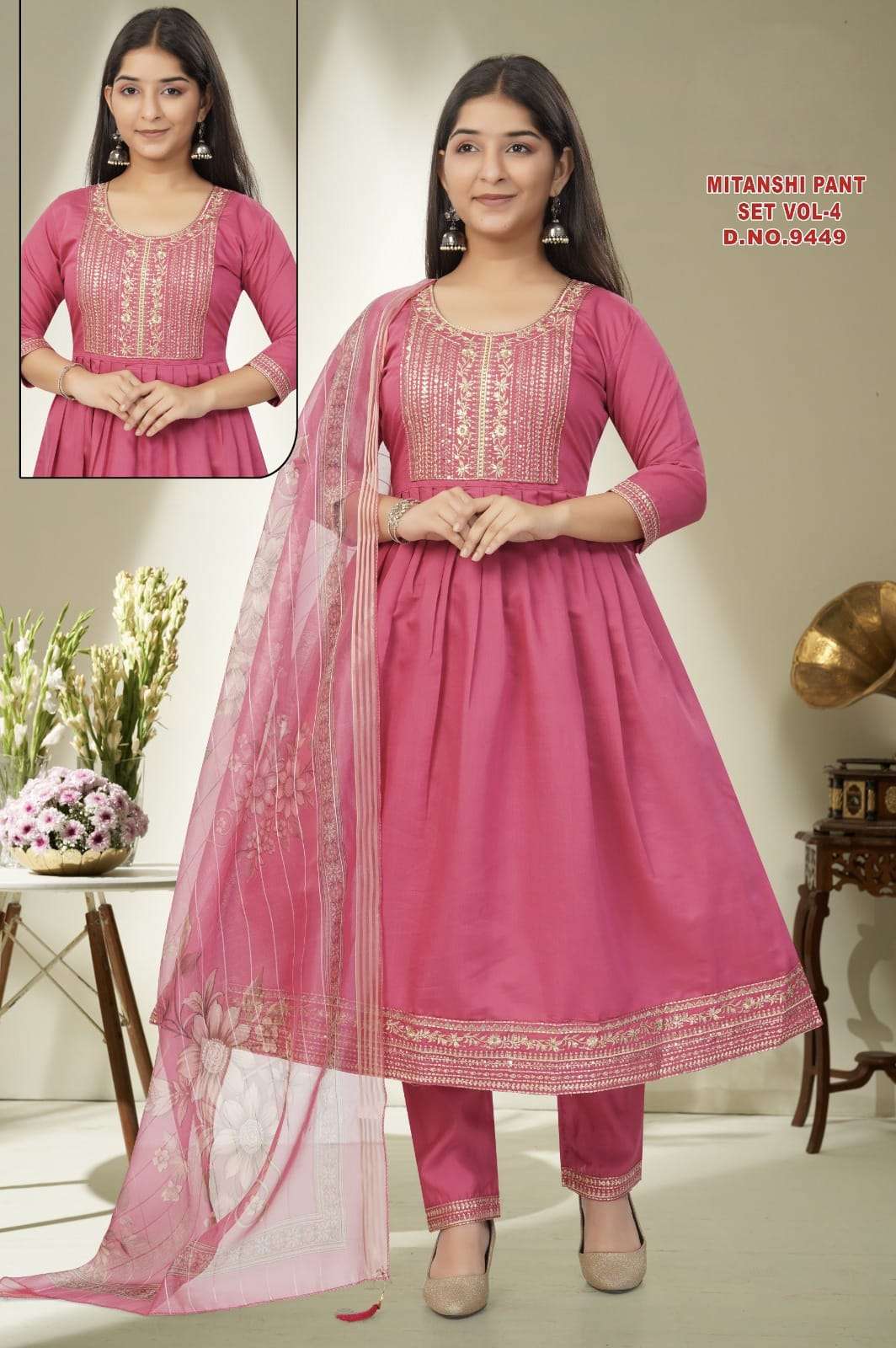 Mitanshi Pant Set Vol 4 Kids Wear New Roman Silk Kurti Set with Digital Tabby Dupatta Krisha Creation Surat