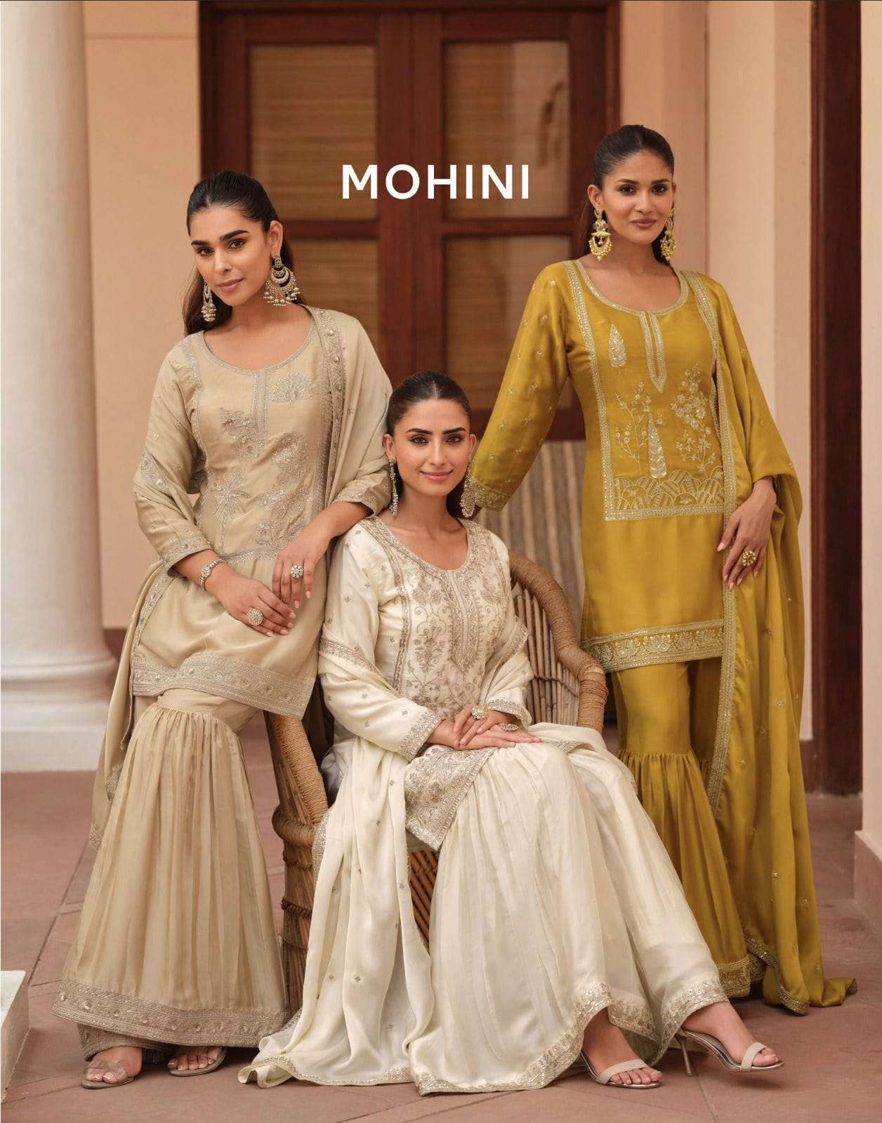 Mohini Aashirwad Creation Silk Satin Sharara Suit Collection Krisha Creation Surat