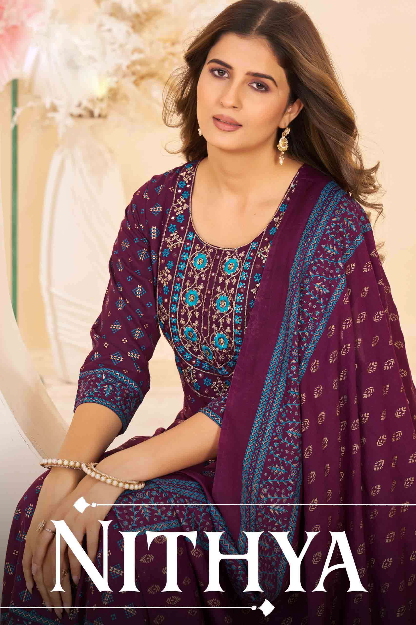 Nithya Anarkali Gown with Dupatta Rayon 14kg Foil Print Blue Hills Kurti Collection Krisha Creation Surat