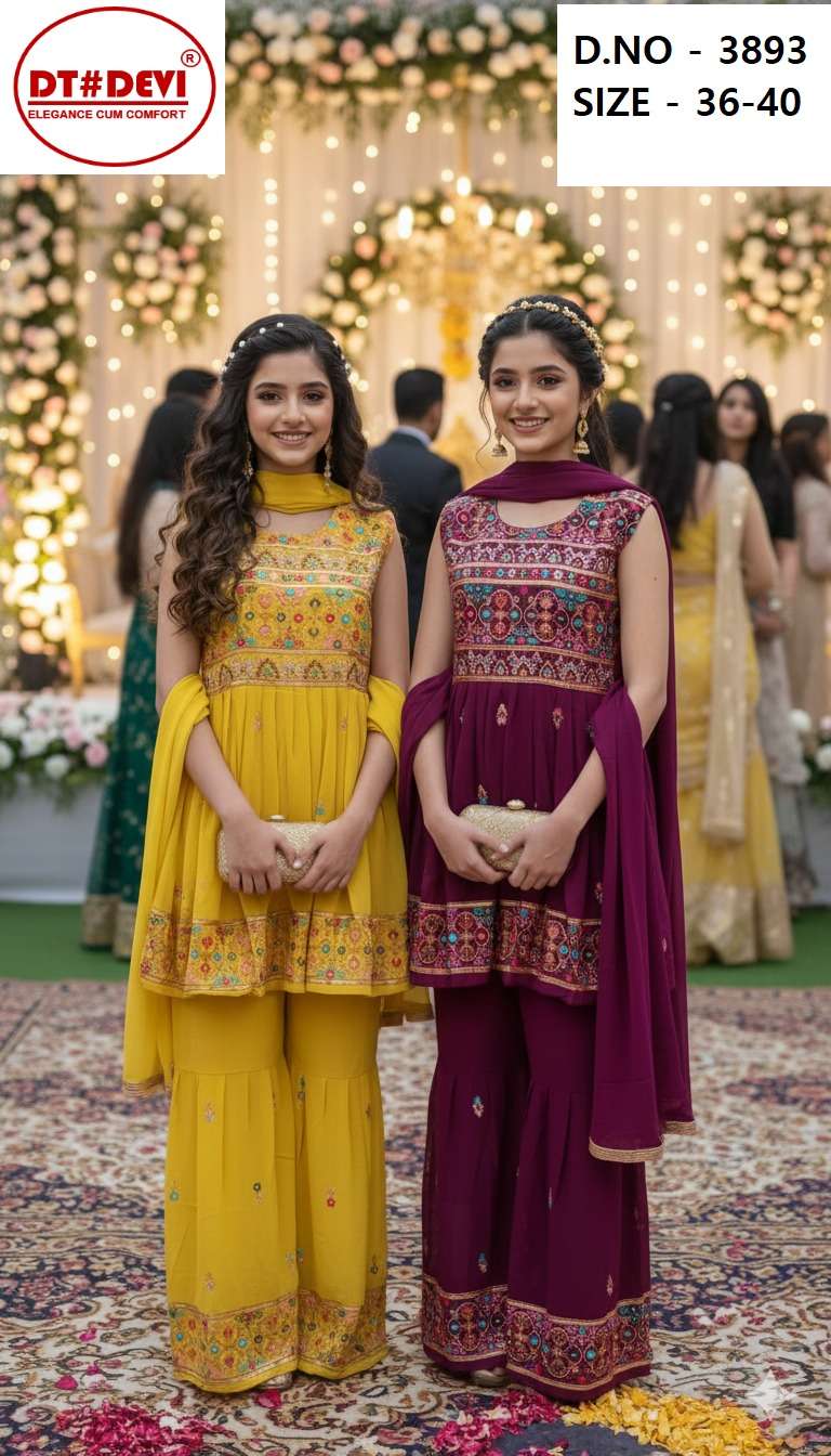 Shreya Fancy Sharara Set New Design Georgette Top Bottom Dupatta Krisha Creation Wholesaler Surat