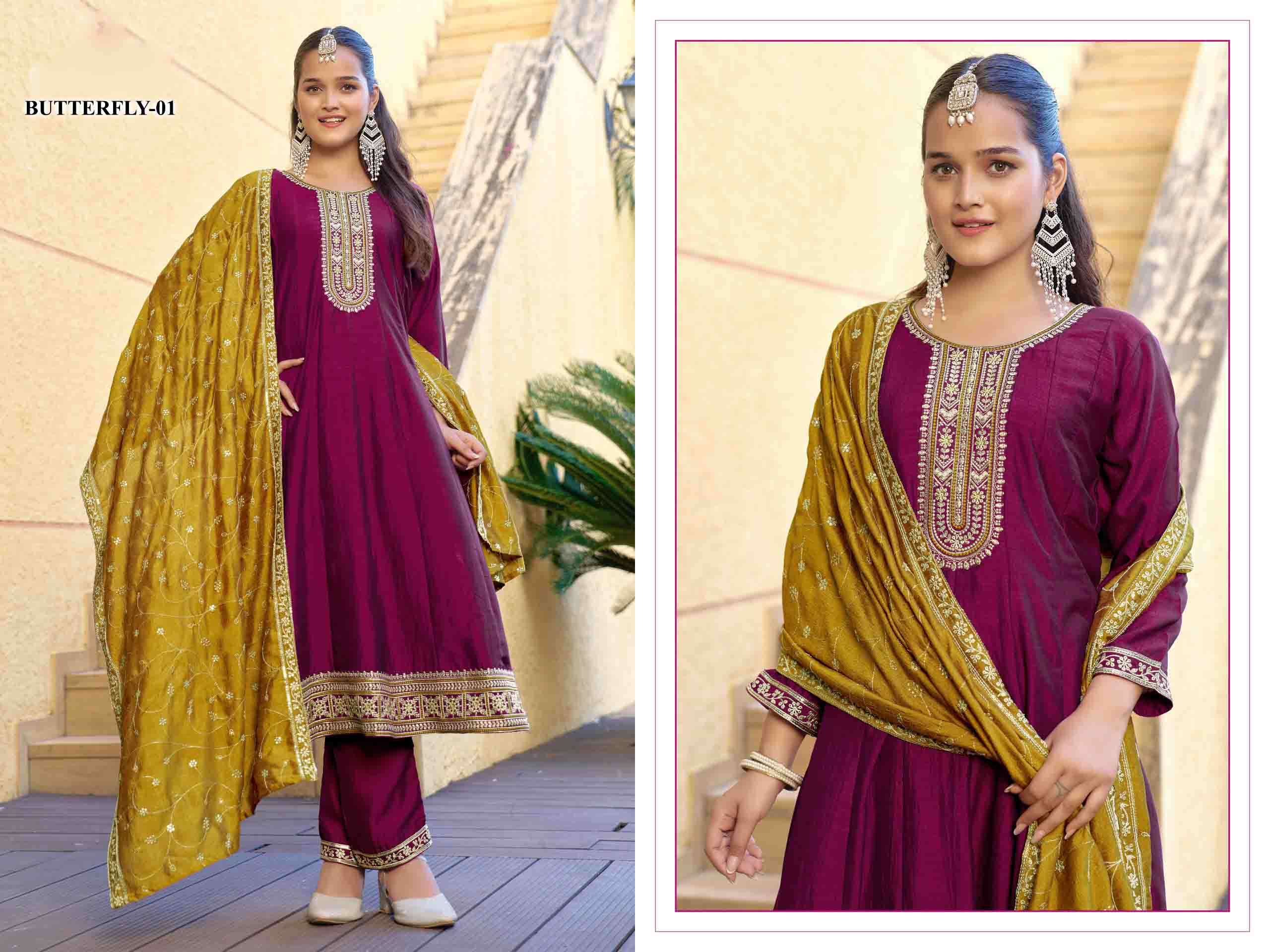 Butterfly AANCHI 3 PCS Straight Combo Vichitra Silk Top Bottom Dupatta Krisha Creation Surat