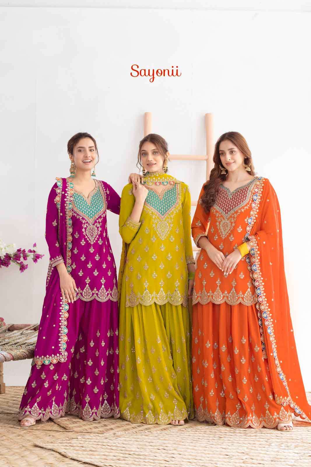 Gulzar Sayoni Premium Chinon Heavy Embroidery Suit Wholesale in India Krisha Creation Surat