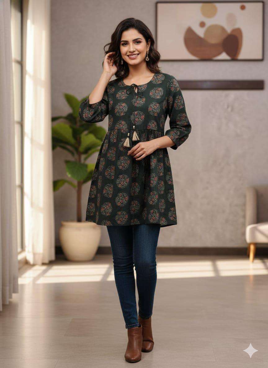 Krisha Fancy Printed Peplum Cotton 60 60 Short Tops with Tassel Wholesale in Surat