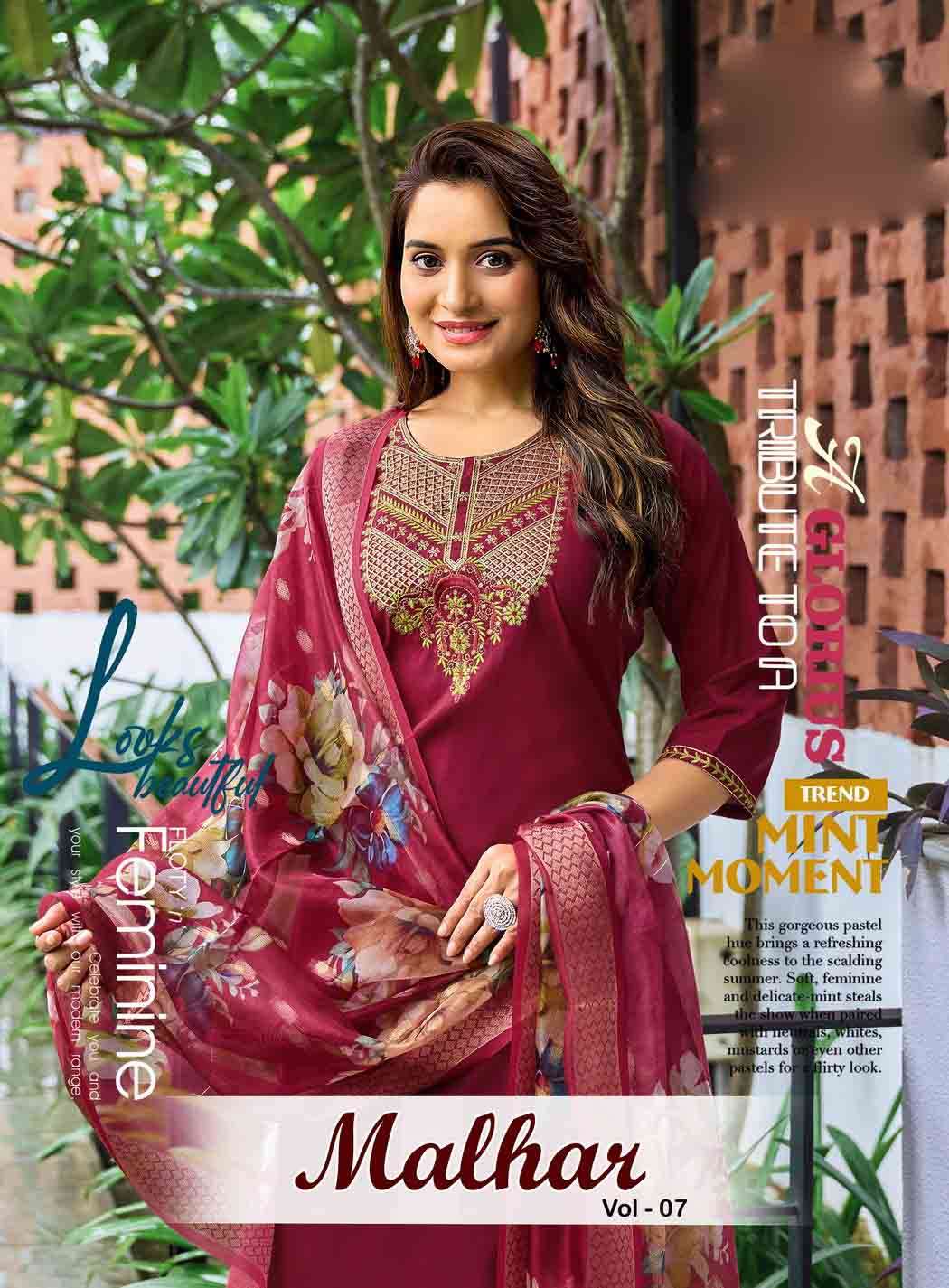 Malhar vol7 by krisha Straight cut roman silk embroidery kurti pant dupatta set online