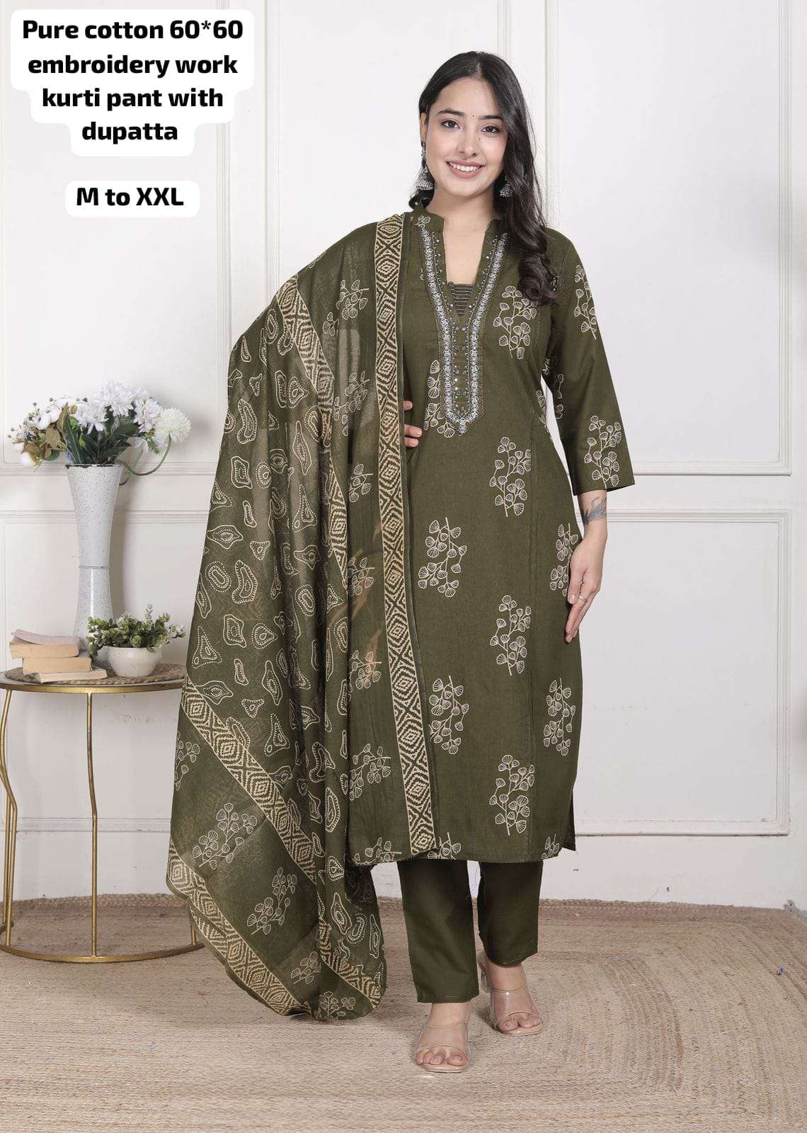 Nima Pure cotton 60x60 fancy embroidery kurti pant dupatta set