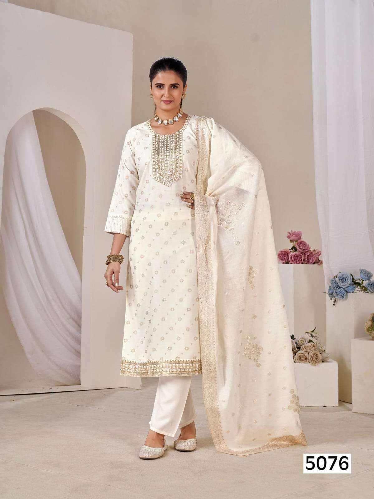 Aisha 14kg rayon print with embroidery Kurti pant with Jacquard Dupatta set