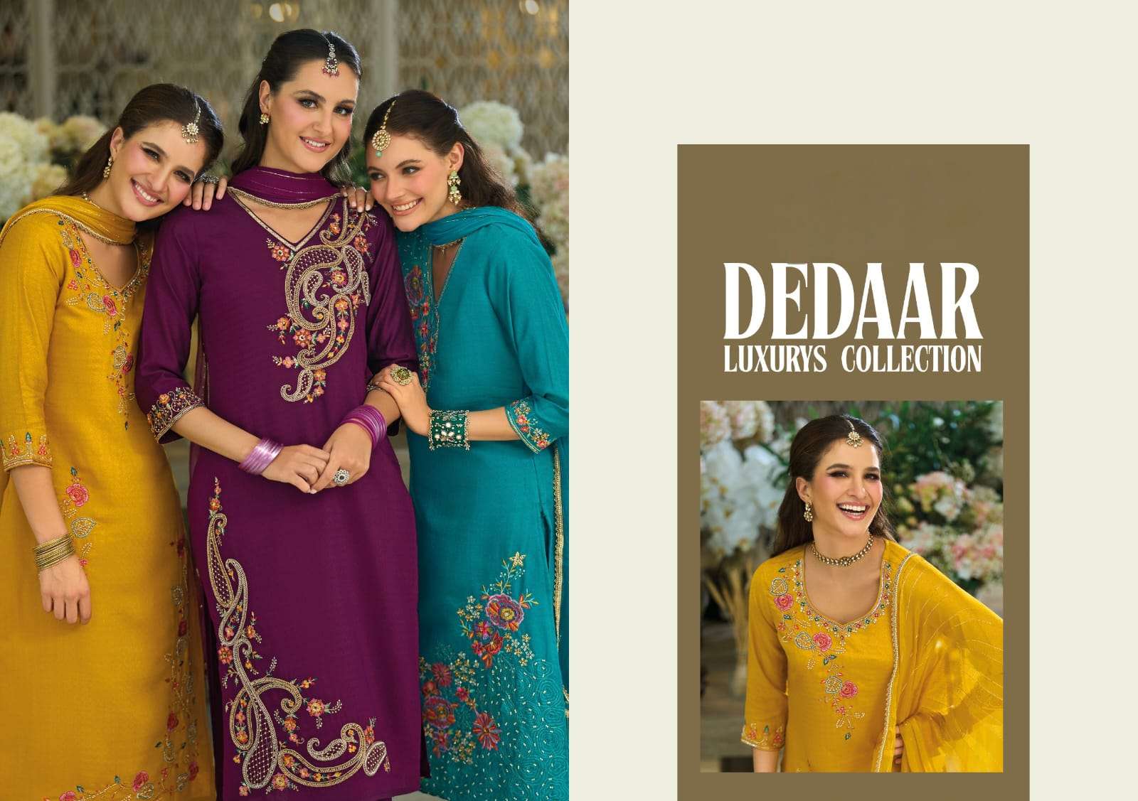 dedaar lily lali embroidery & handwork kurti pant dupatta set collection