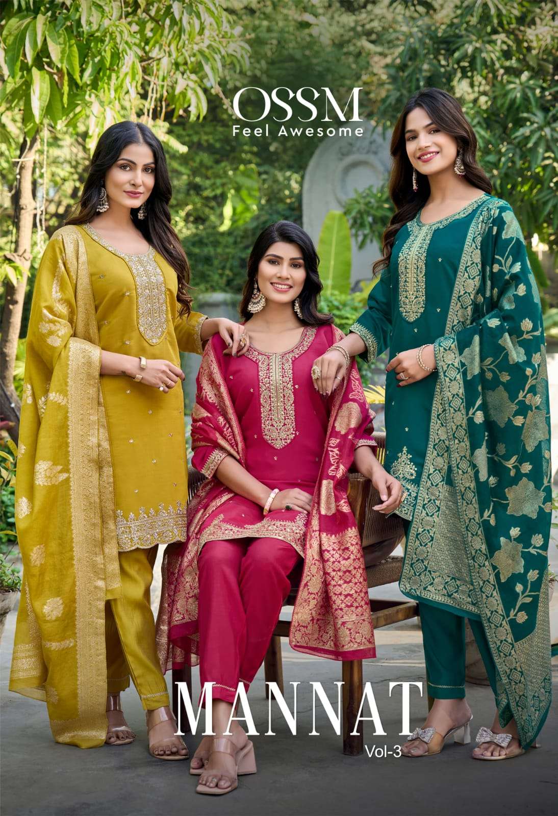 mannat vol 3 ossm viscose roman silk with heavy embroidery kurti pant dupatta set