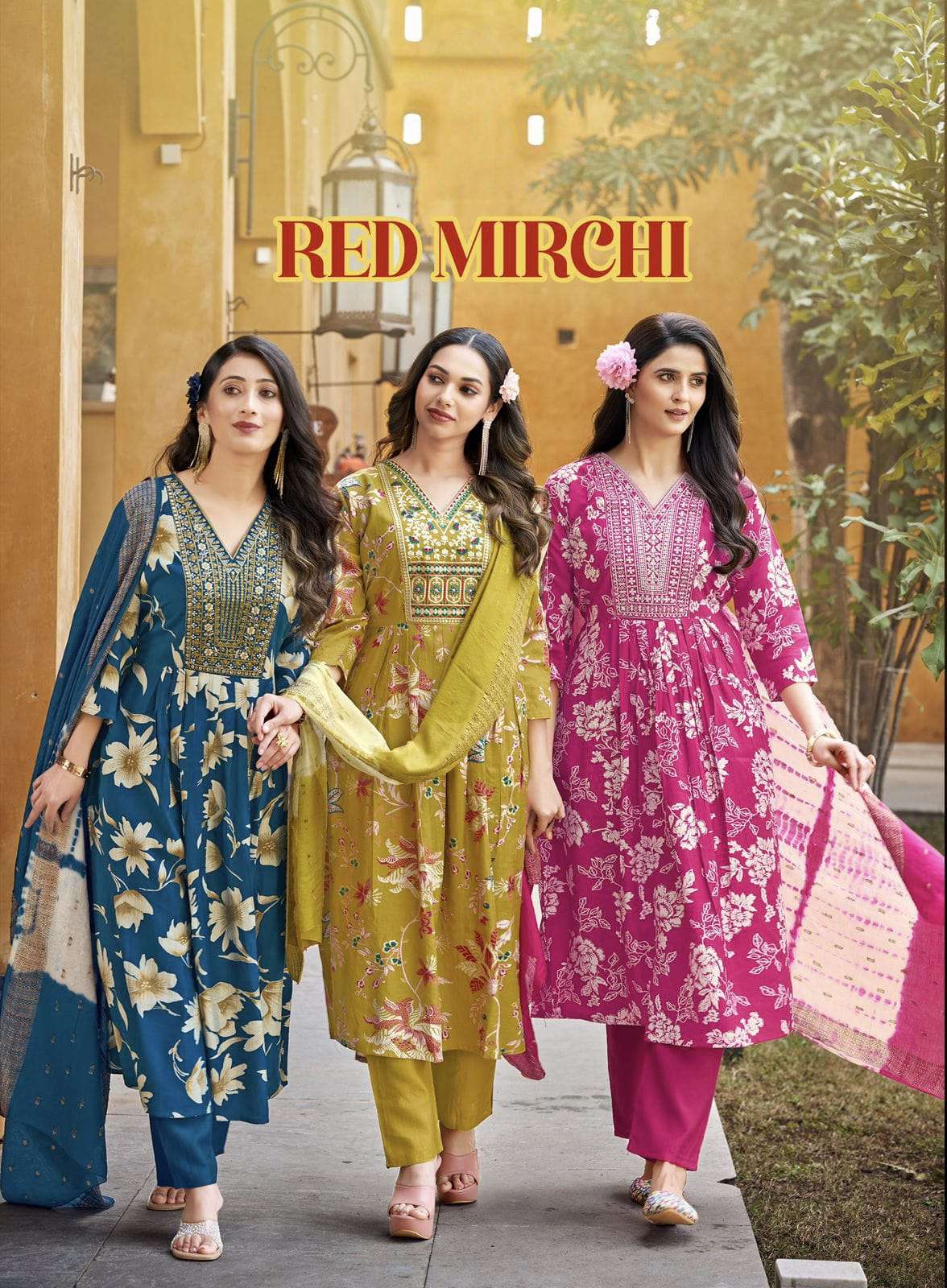 Red Mirchi Vertican Print Anarkali Kurti Pant Dupatta Set Wholesale Surat