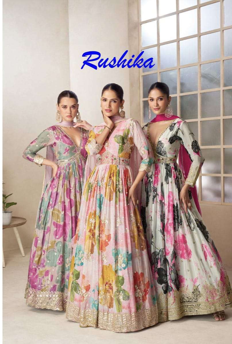 Rushika gulkayra Real Chinon Digital Print Designer Gown Collection