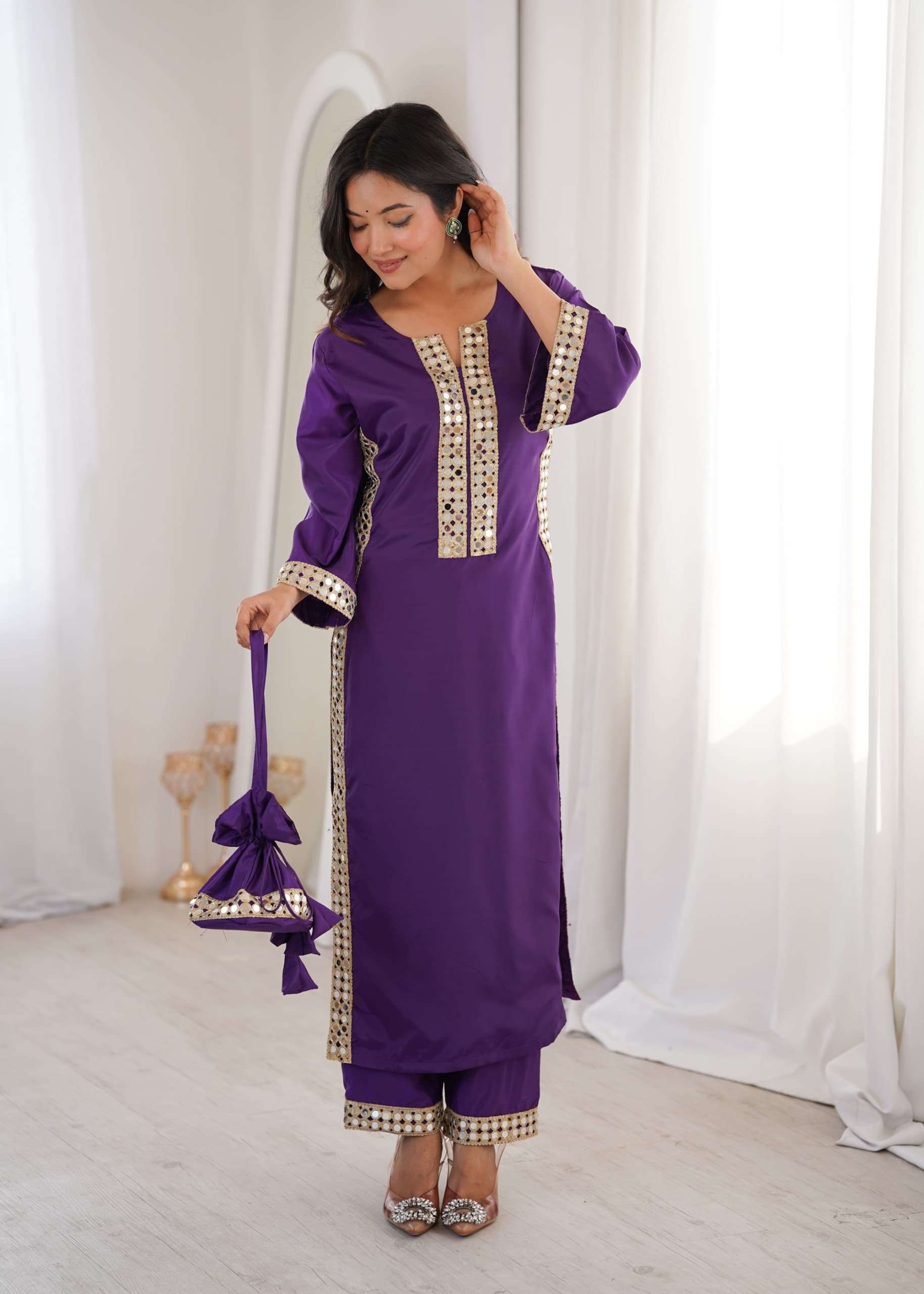 rima natural crepe real mirror kurti pant with purse collection