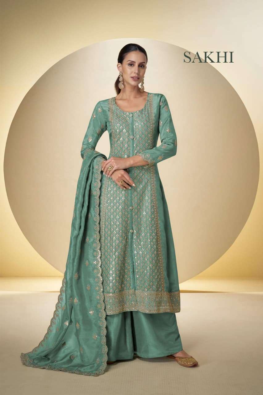 sakhi gulkayra real simar silk with heavy embroidery work on Top with palazzo and dupatta