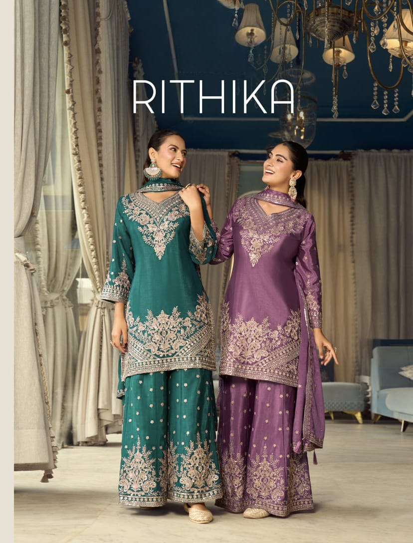 sanika rithika premium chinon silk embroidered & mirror work palazzo suits
