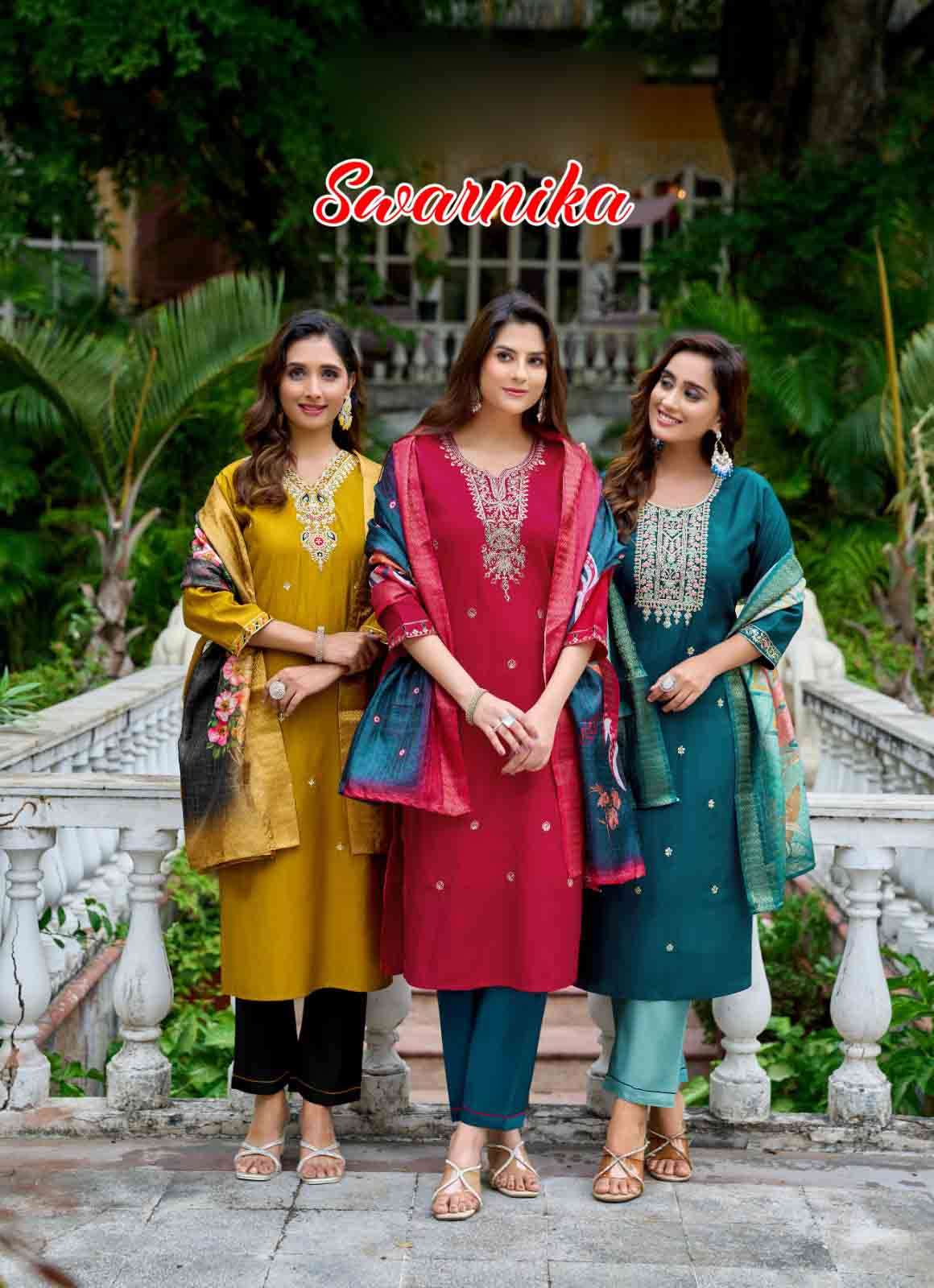 swarnika vol 1 roman silk straight cut embroider kurti pant dupatta set