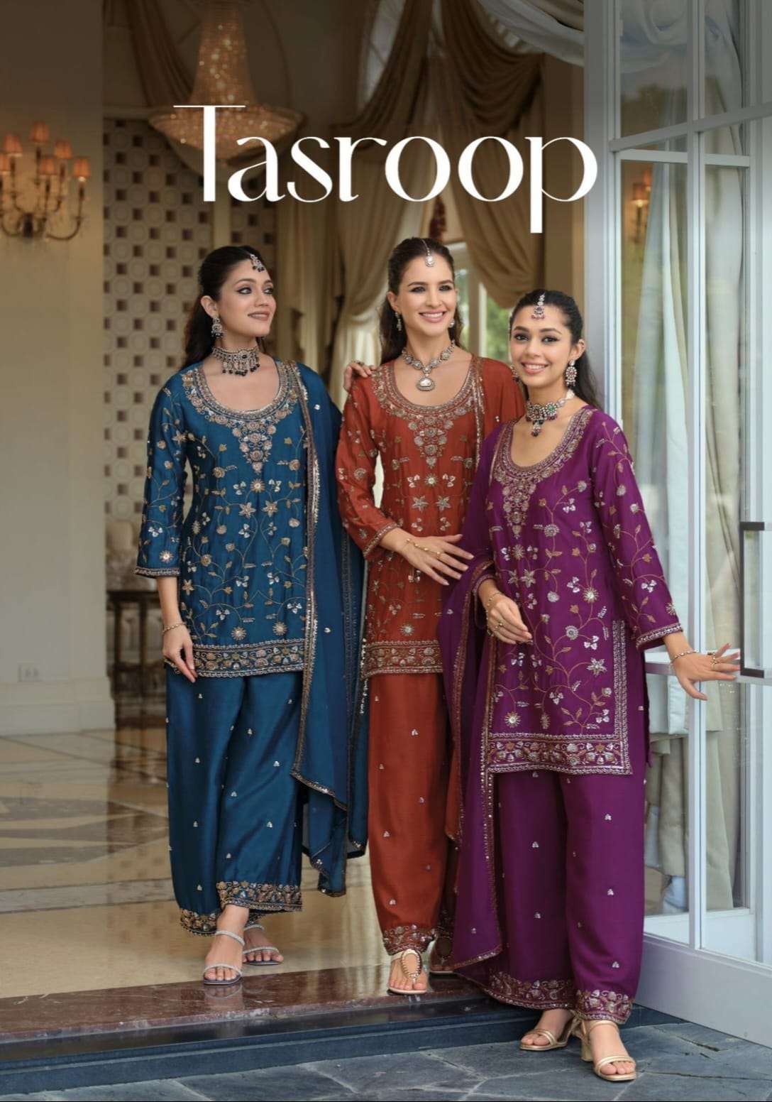 tasroop eba premium heavy chinon beads & embroidery work short top with palazzo suit collection