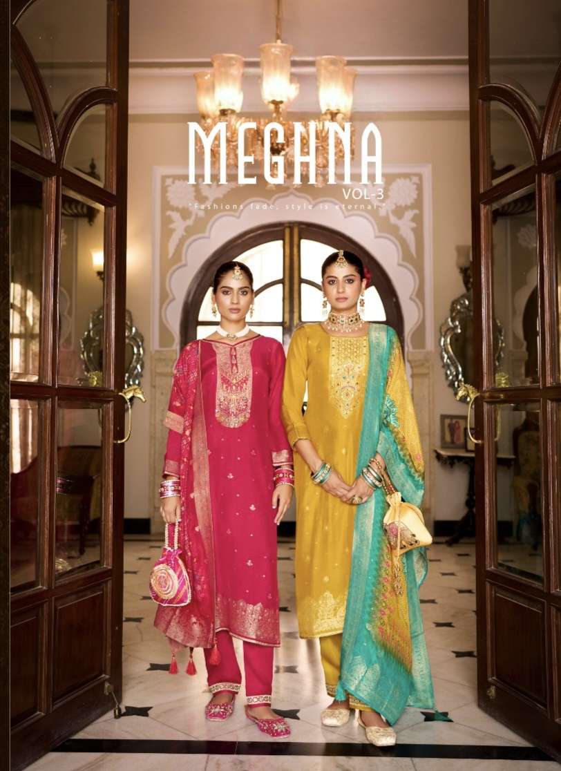 meghna vol 3 rangoon by krisha creation jacquard with khatli handwork kurti pant dupatta set
