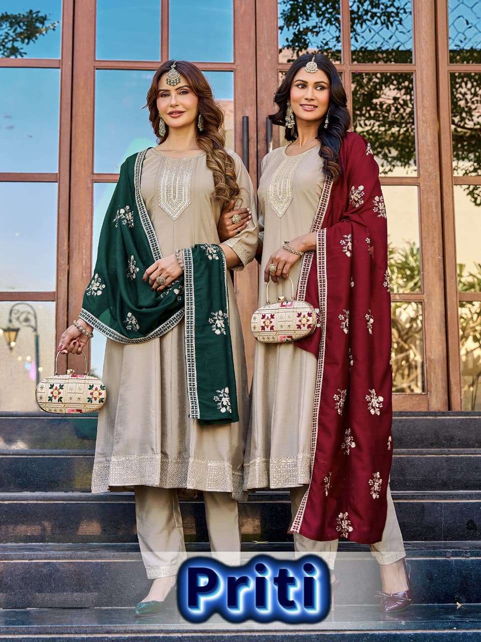 priti aanchi by krisha creation vichitra silk embroidery anarkali style kurti pant dupatta set 