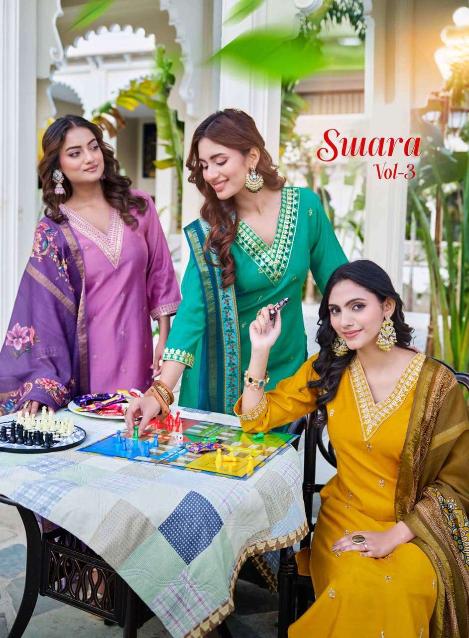 master swara vol 3 by krisha creation fancy v neck vertican kurti pant dupatta set