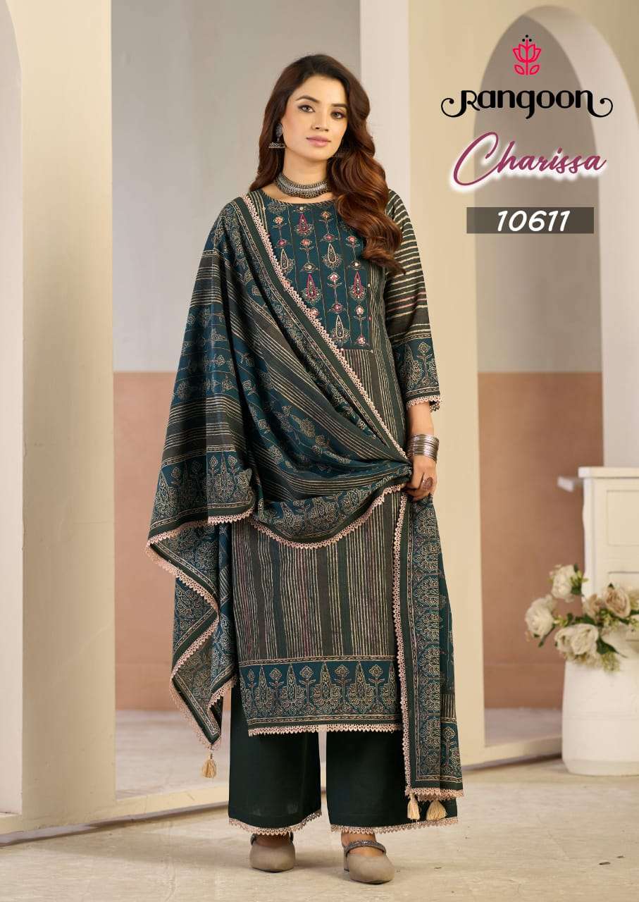 rangoon charissa by krisha creation viscose cotton khati work kurti pant dupatta set