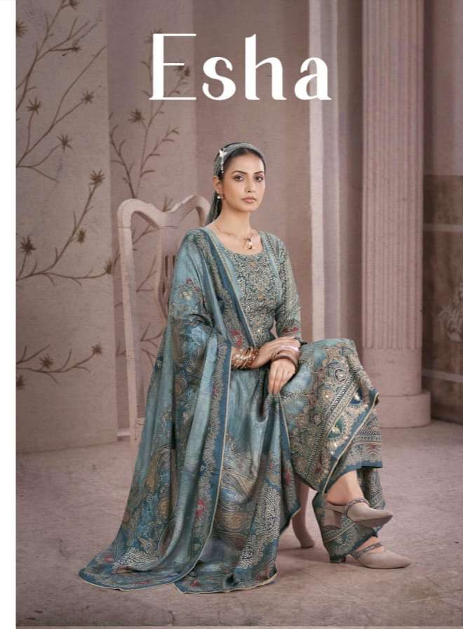 rangoon esha by krisha creation pure muslin digital print aari work zarkan daimond work kurti pant dupatta set