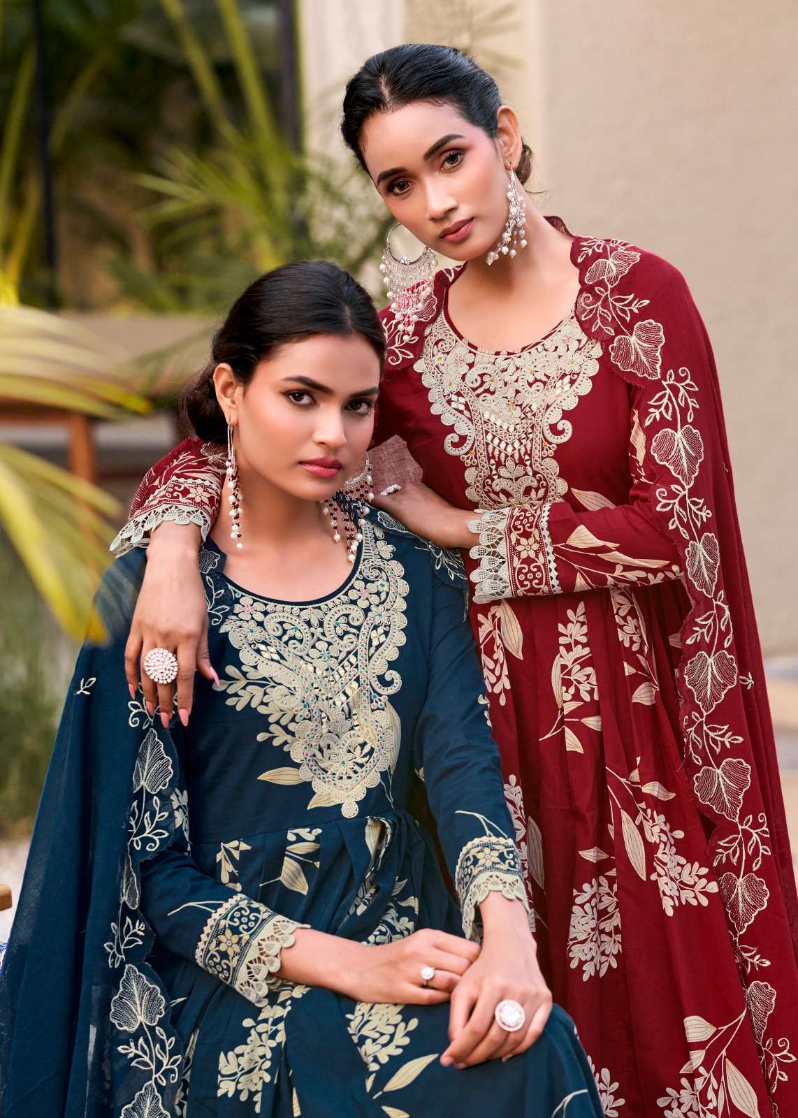 rangoon violet premium cambric cotton embroidery & handwork anarkali style kurti pant dupatta