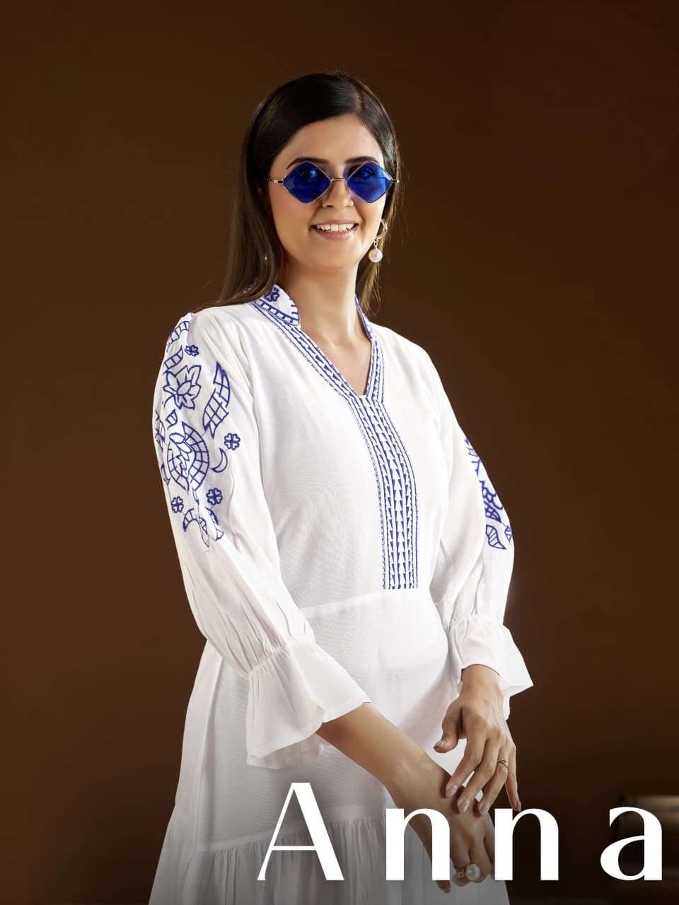 Anna blue hills heavy 14kg rayon embroidery kurtis now available online at krisha creation surat