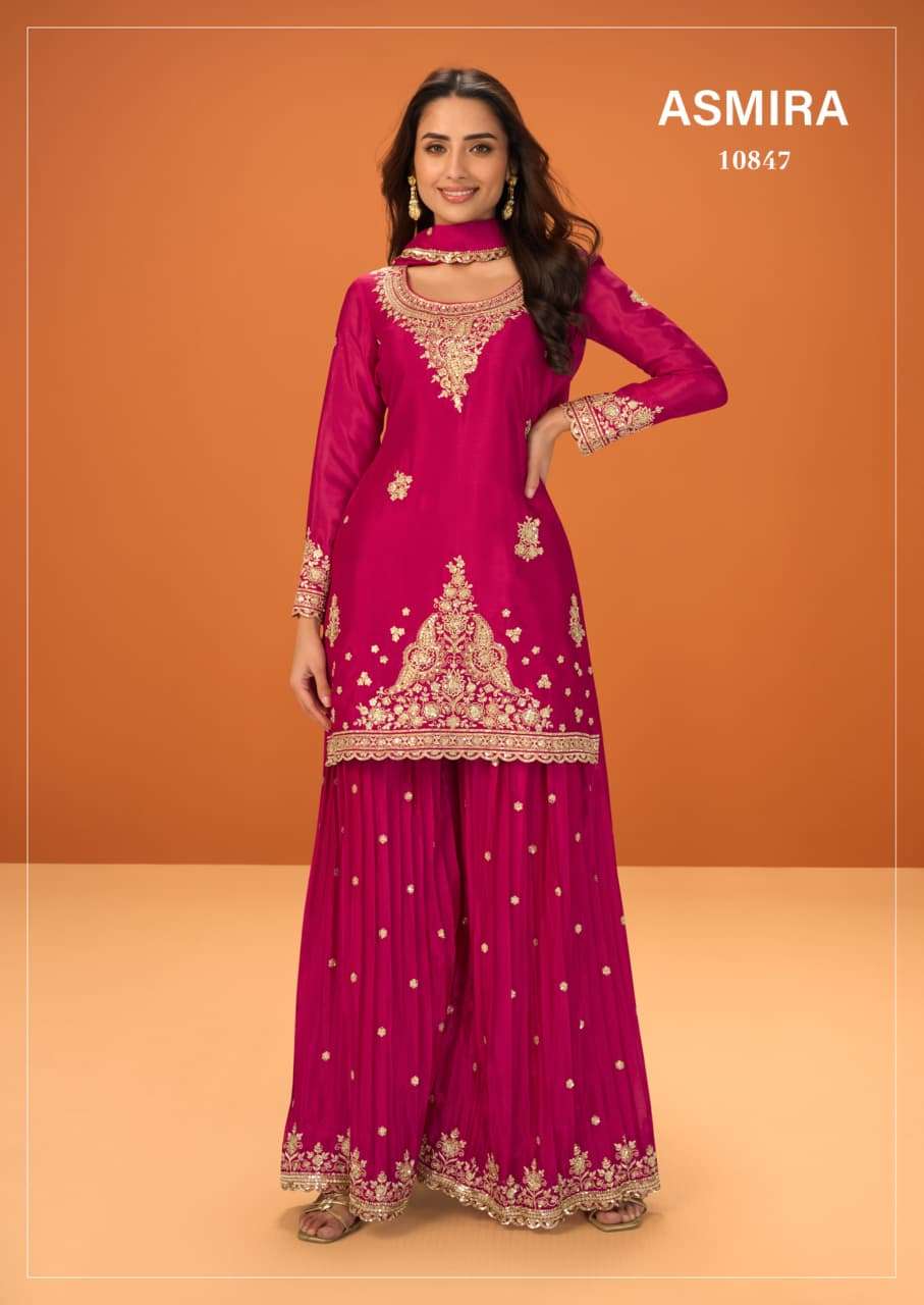 asmira heavy embroidery premium chinon top with palazzo and dupatta set