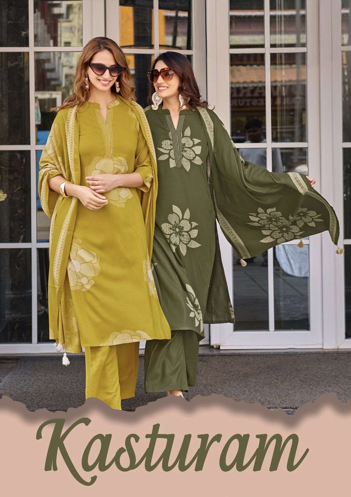 kadlee kasturam rayon print handwork kurti pant dupatta set
