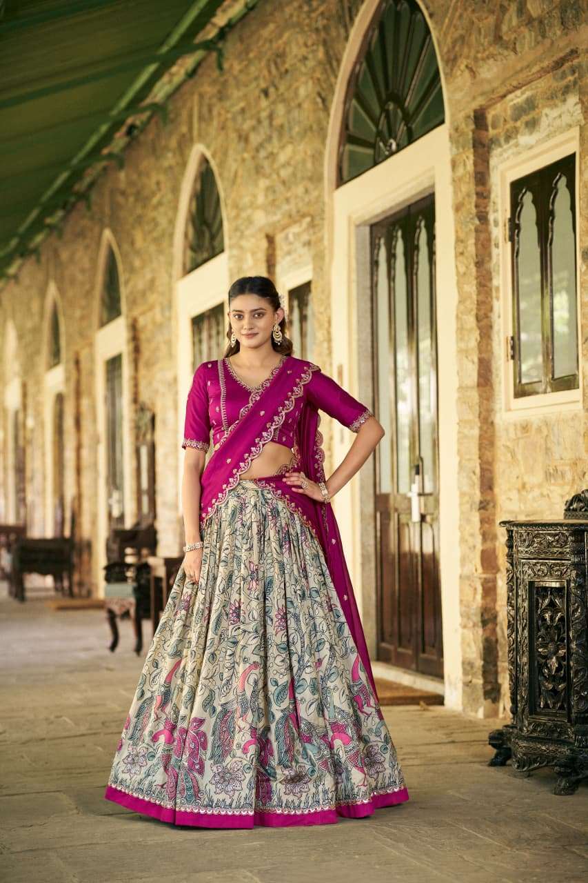kalanshi lehenga Featuring premium tasar silk detailed Kalamkari prints and an embroidered dupatta