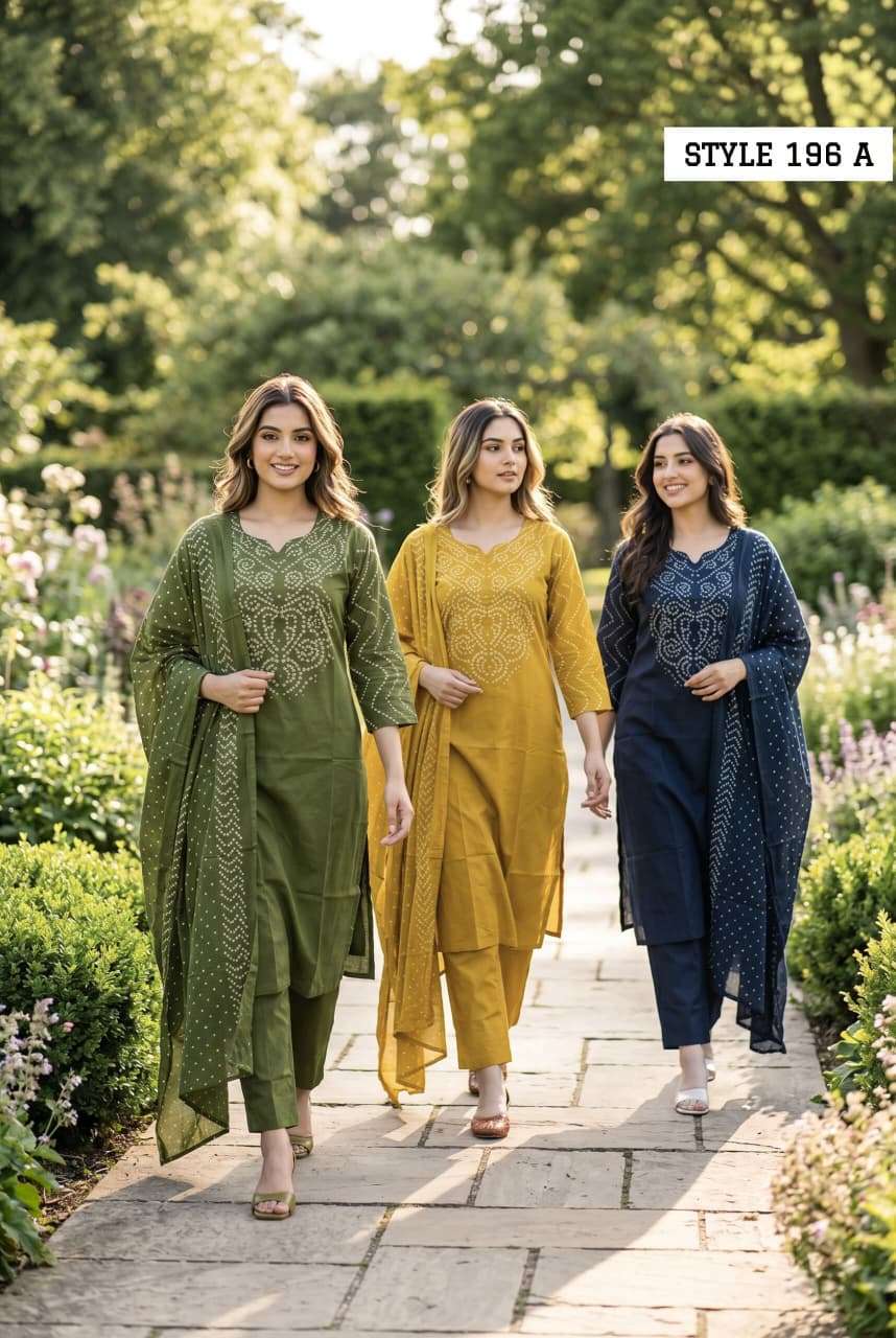 krisha ossm style 196 197 1256 Cotton Discharge Print Bandhani Kurti pant Dupatta set