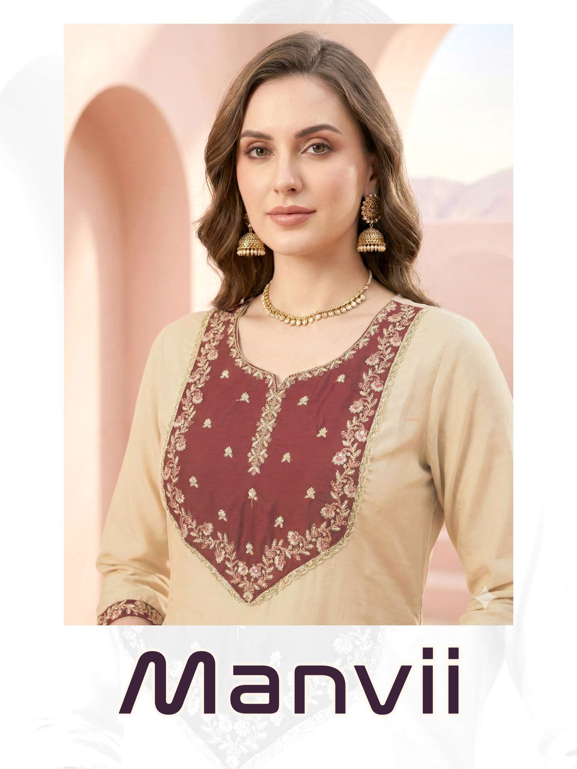manvi heavy roman silk wiith embroidery work kurti pant dupatta set by krisha creation
