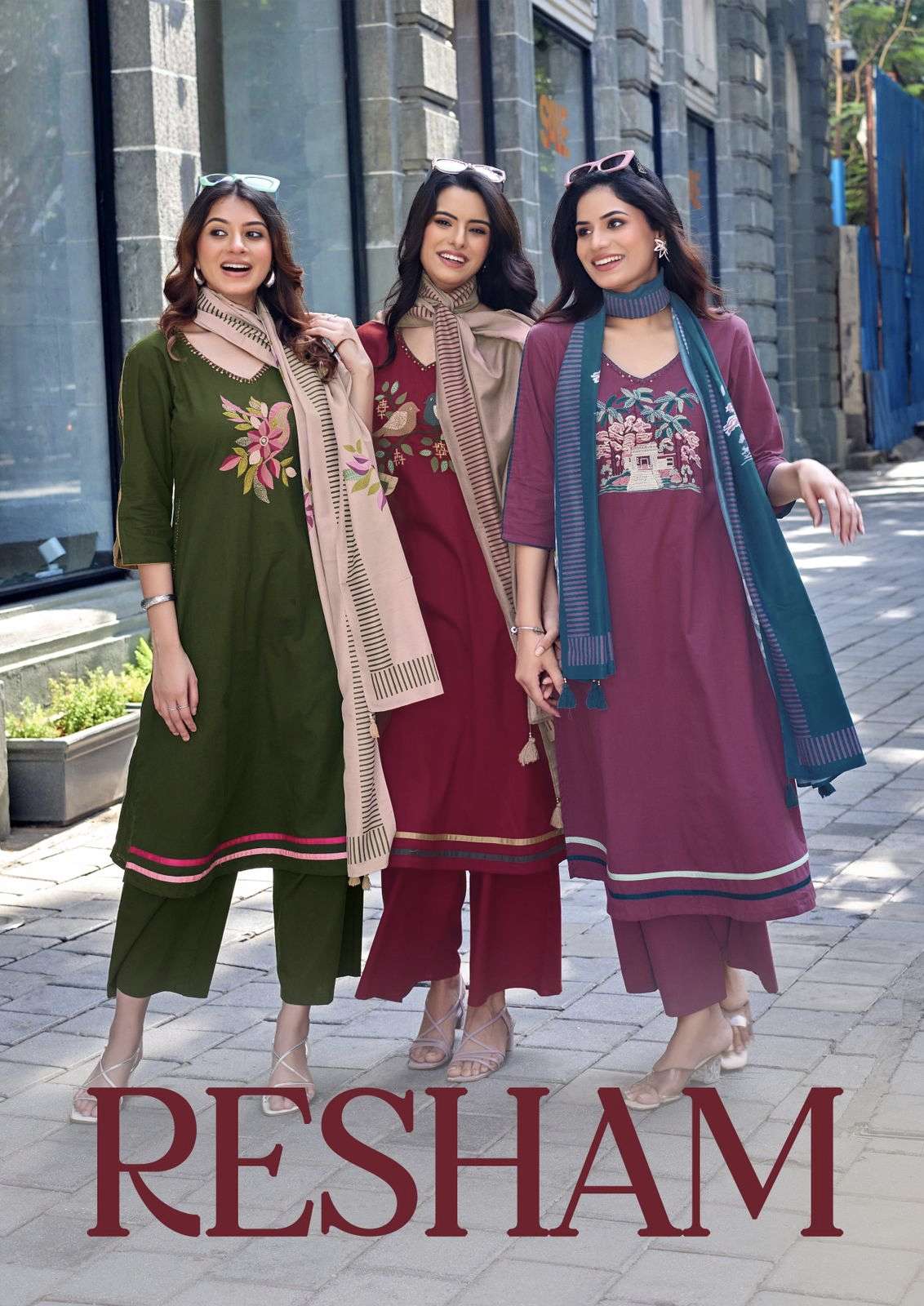 resham by krisha creation dhabu cotton thread & khatli work kurti pant dupatta set