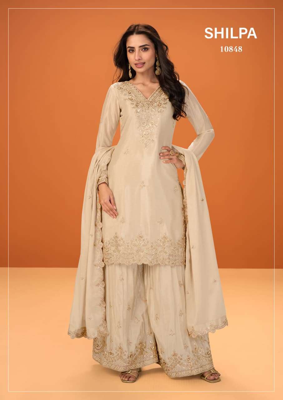 shilpa by krisha creation premium chinon with heavy embroidery top with palazzo & dupatta set