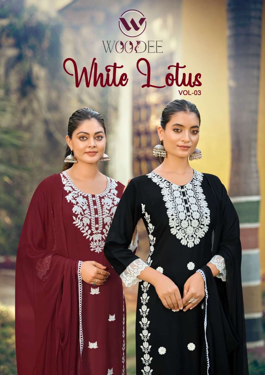 woodee white lotus vol 3 by krisha creation premium liva rayon embroidery kurti pant dupatta set