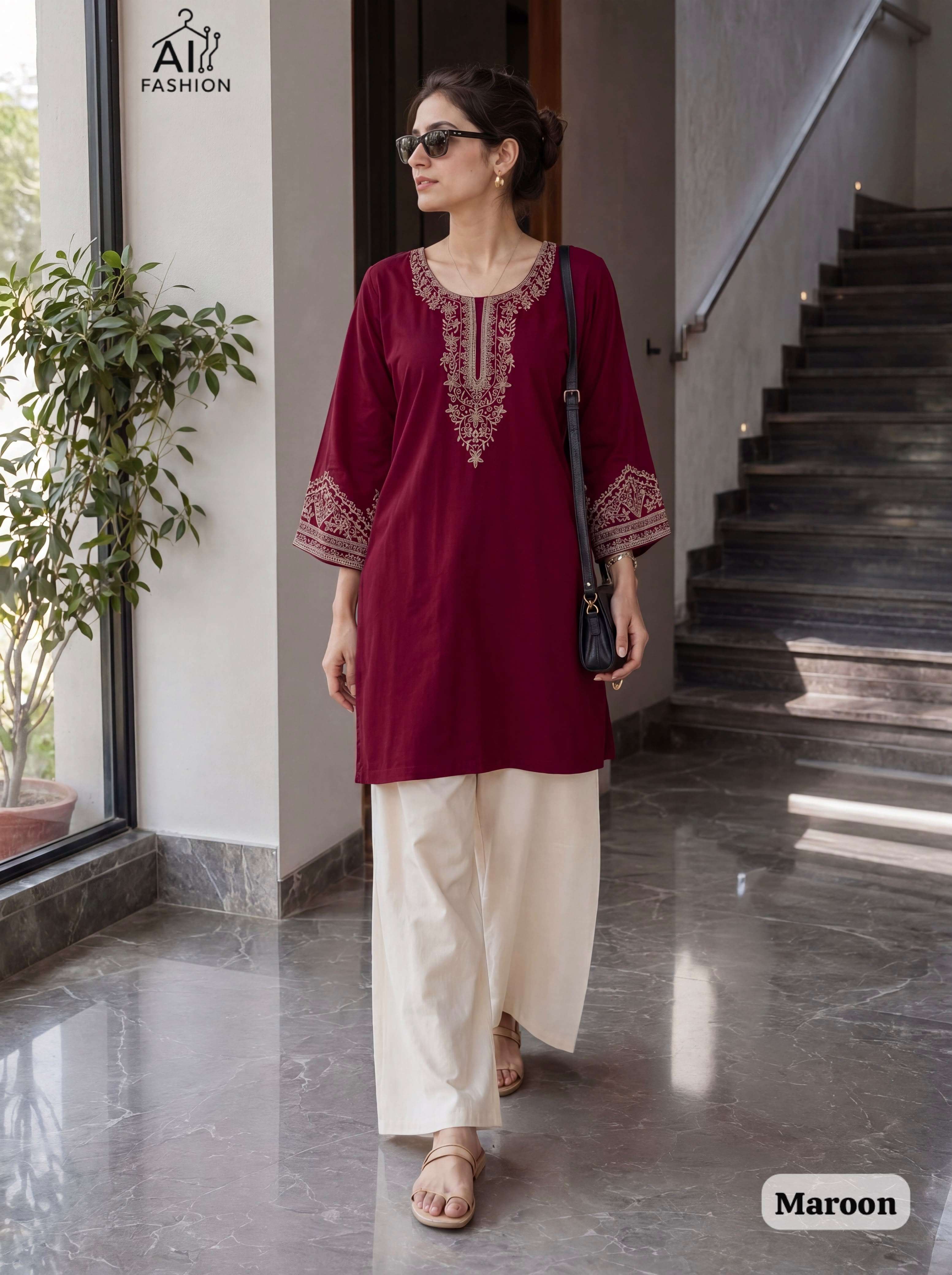 Bunaai Trending Rayon Embroidery Work Short Top with Plazzo For everyday use for women