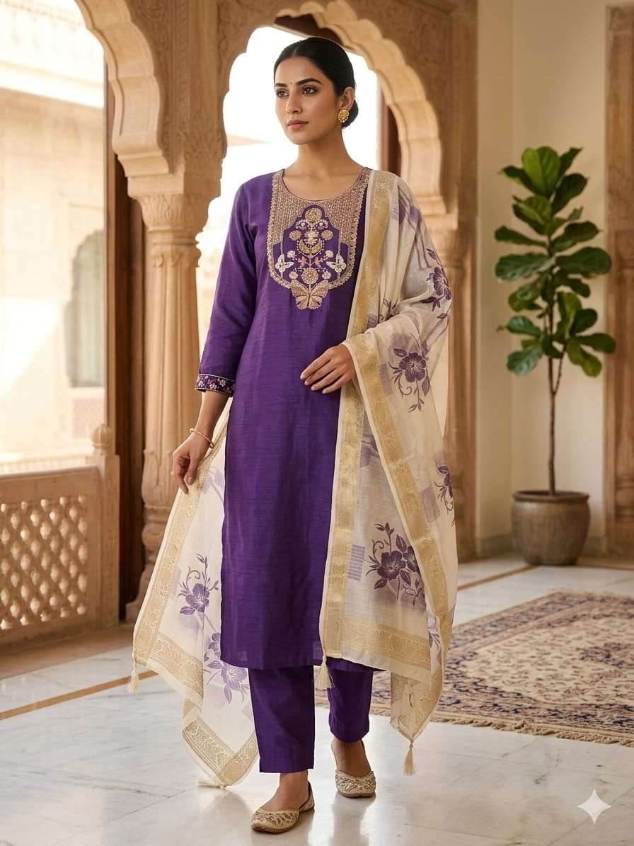 geetha roman silk embroidery kurti with pant dupatta set by krisha creation online