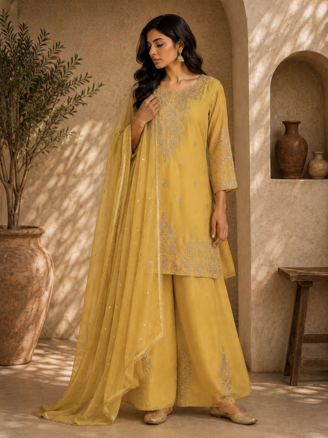 krisha elegant & classy Heavy Work Fancy fabric Premium Top with Palazzo & Dupatta set