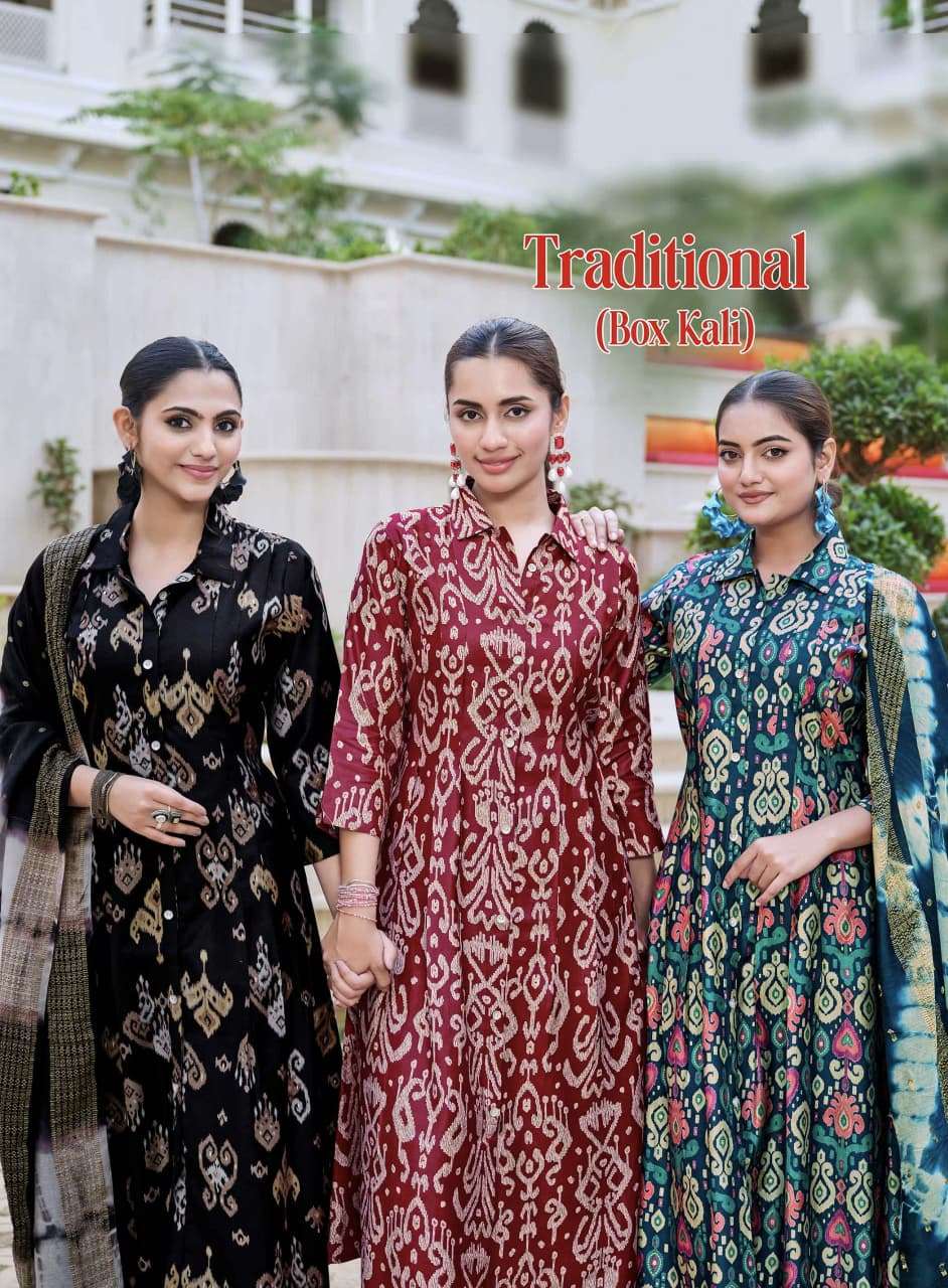 master traditional kali gadwal discharge print kurti pant with muslin dupatta set