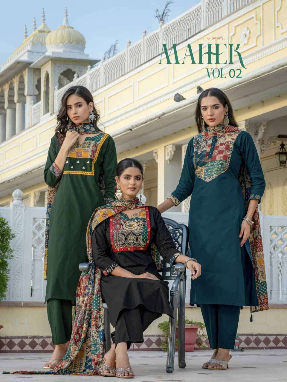 ossm mahek vol 2 dhabu cotton handwork kurti pant dupatta set wholesaler krisha creation