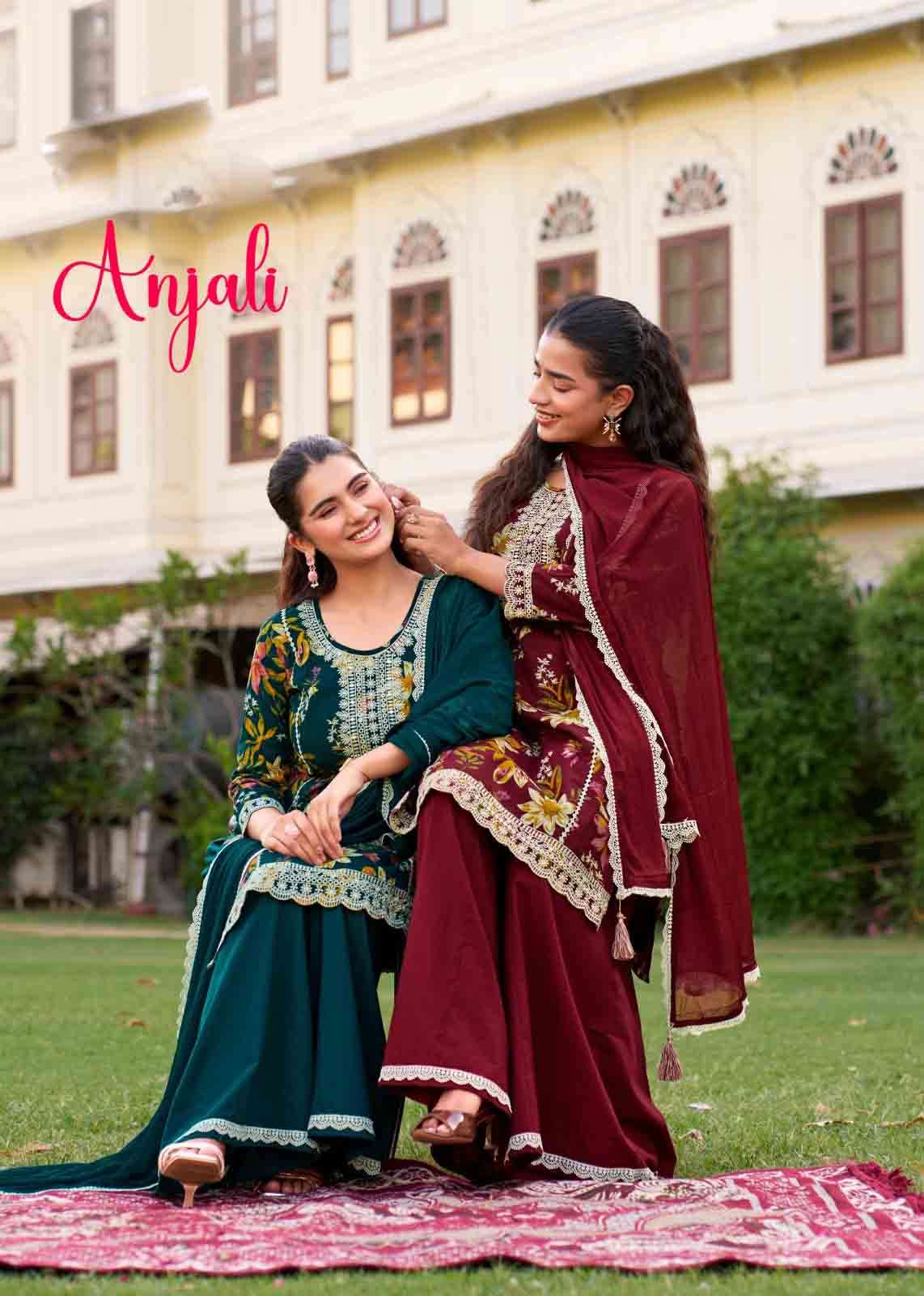 rangoon anjali cotton cambric fancy embroidery & khalti work kurti with palazzo & dupatta set collection