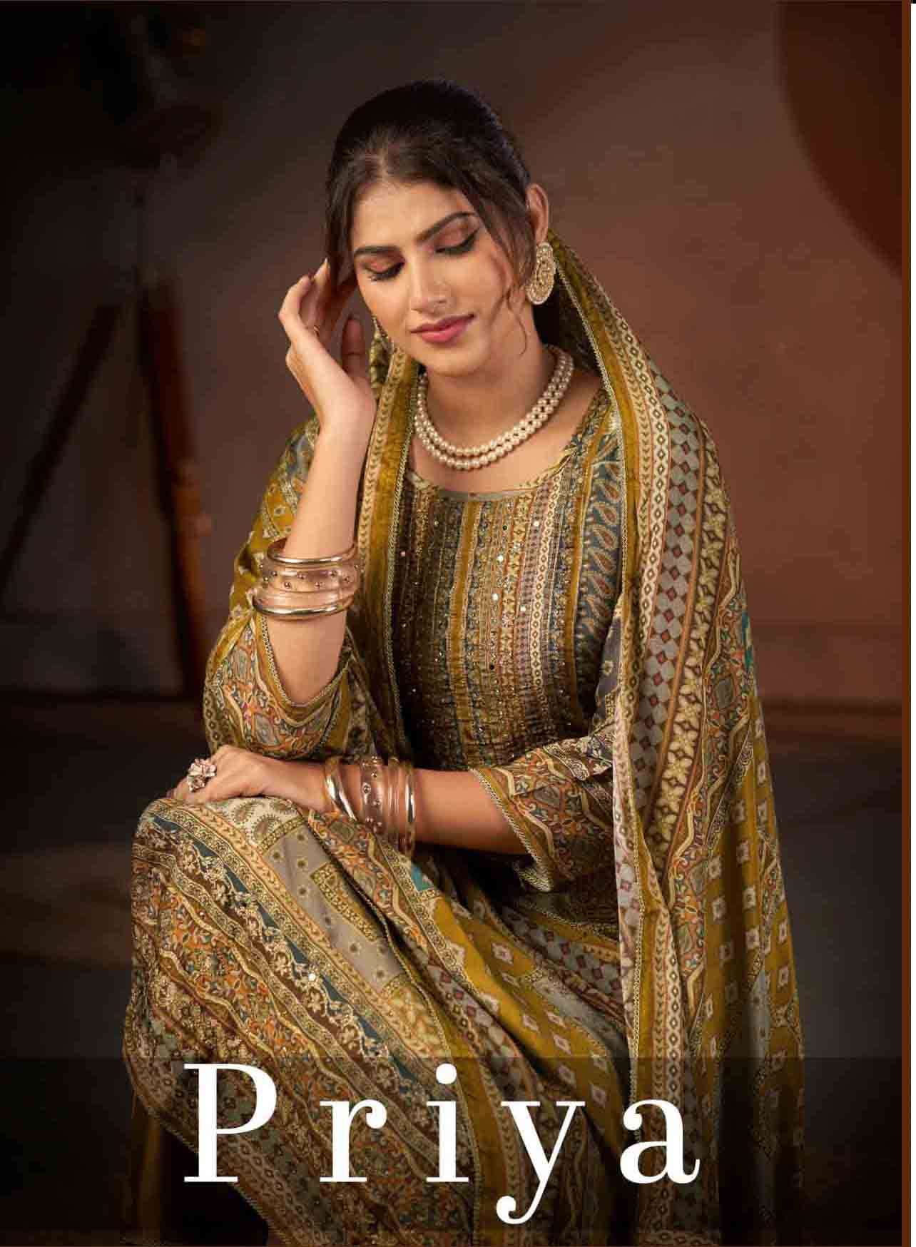 rangoon priya pure muslin digital print swaroski work Kurti pant dupatta set