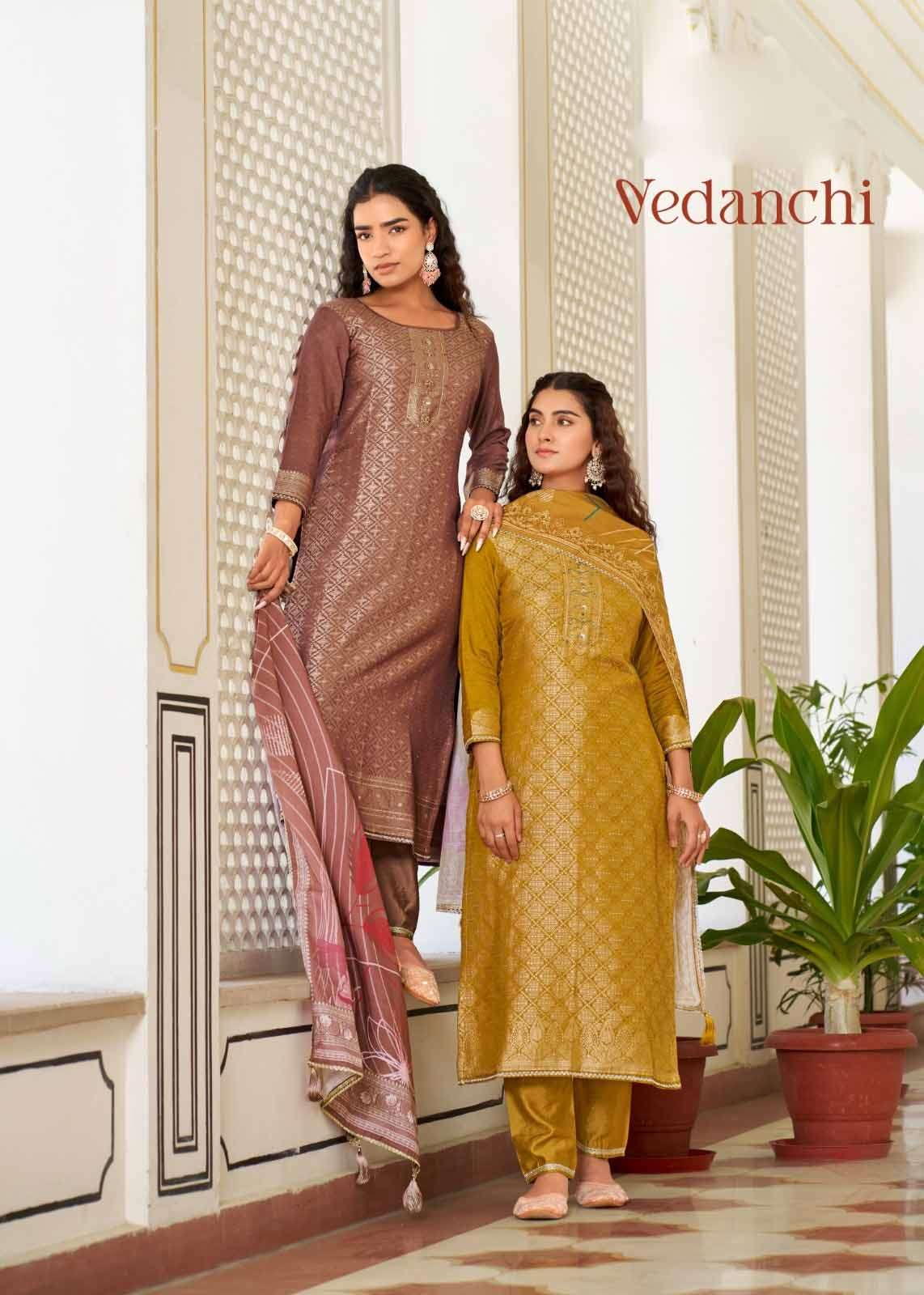 rangoon vedanchi viscose muslin jacquard kurti pant dupatta set at krisha creation wholesaler