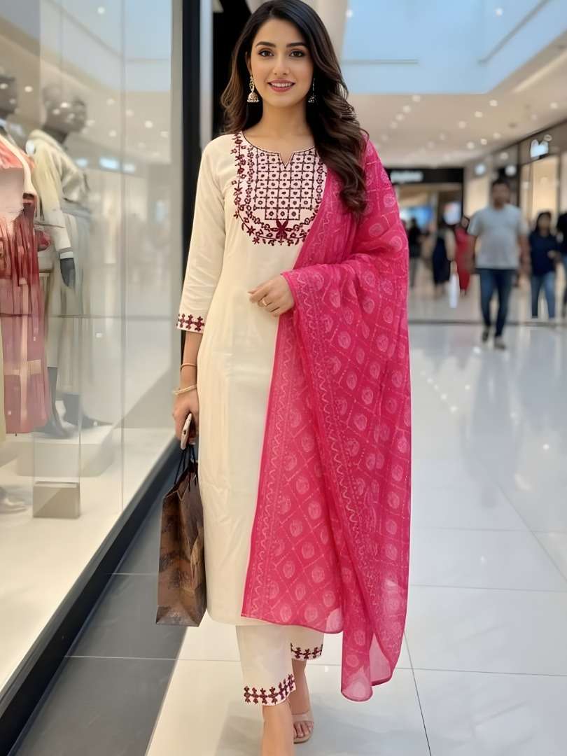 Sumitra rayon slub embroidery kurti pant dupatta set by krisha creation wholesaler in surat
