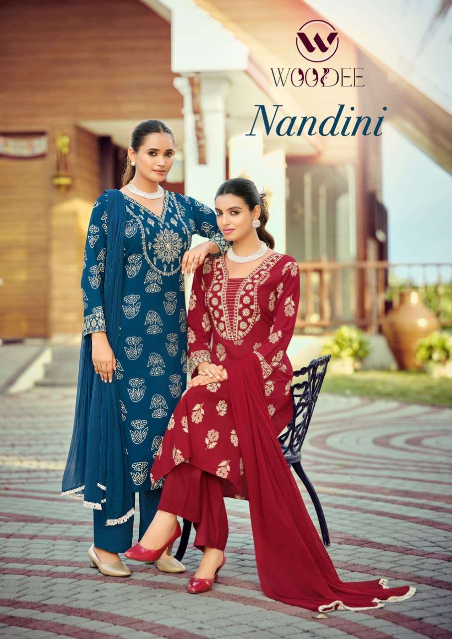woodee nandini rayon slub emboss print liva tag kurti pant dupatta set collection
