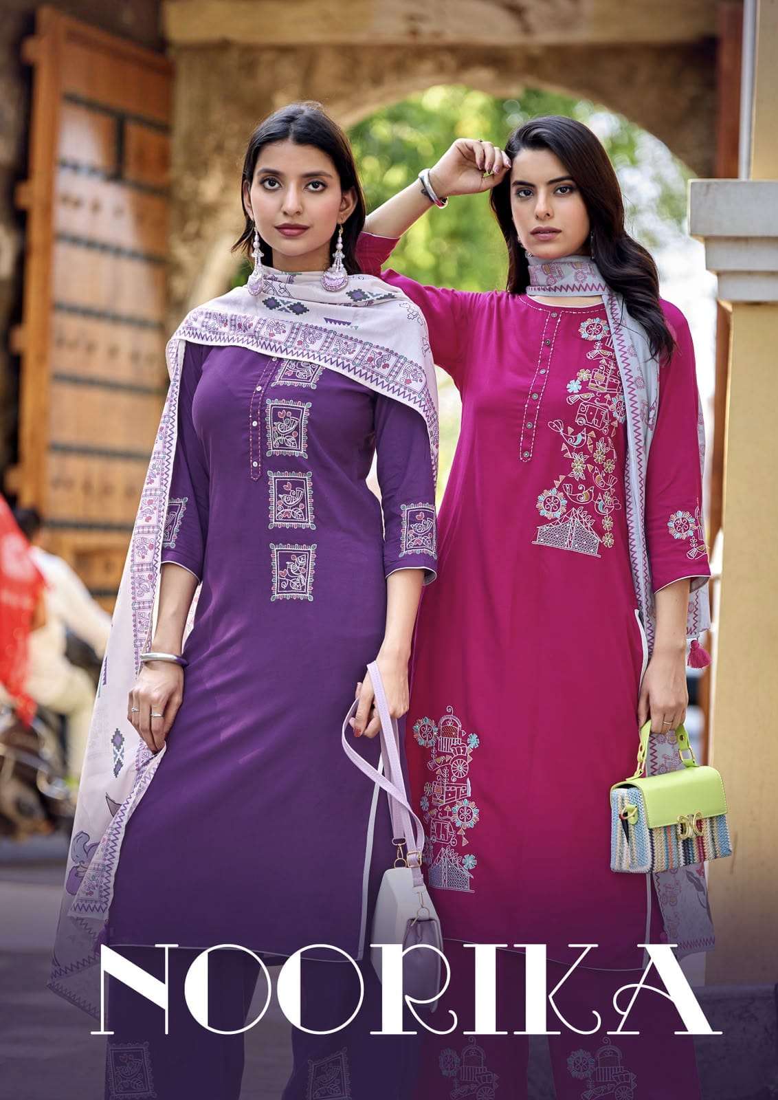 Noorika heavy rayon thread & handwork kurti pant with muslin dupatta set for festive season