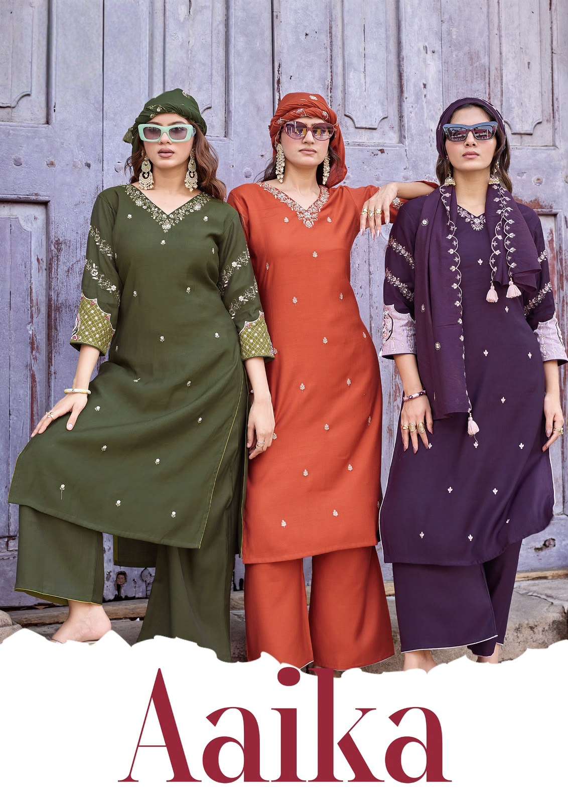Aaika mittoo viscose weaving khatli & handwork kurti with pant and dupatta set wholesale collection