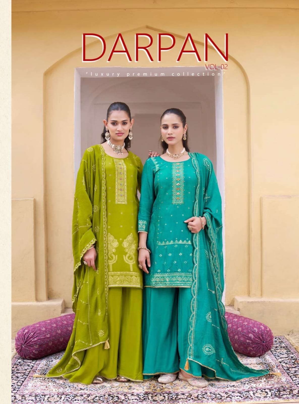 darpan vol 2 rangoon dola russian jacquard with khatli work top with palazzo and dupatta set